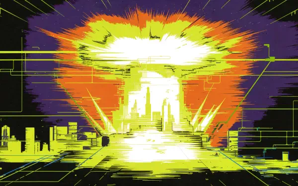 A vibrant 4K Ultra HD wallpaper featuring a nuclear explosion, with intense colors and digital effects, set against a dramatic skyline.