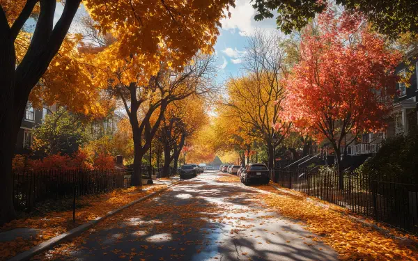 A serene street lined with vibrant autumn trees showcasing brilliant orange and yellow leaves, set against a bright blue sky—capturing the essence of fall weather in stunning 4K Ultra HD.