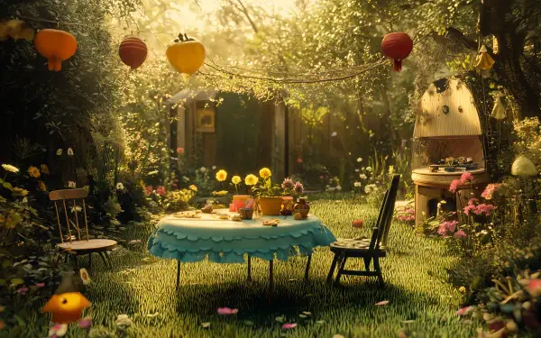 A serene backyard garden party scene with a decorated table, colorful flowers, and lanterns hanging, bathed in soft golden light, creating a vibrant and inviting atmosphere.