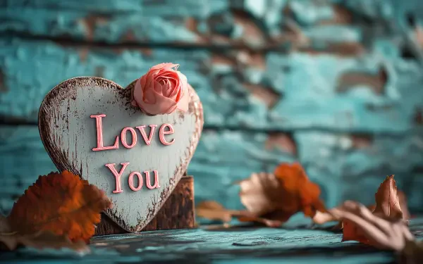 A decorative heart with the words Love You is adorned with a pink rose, set against a rustic turquoise background, offering a warm and romantic atmosphere for a 4K Ultra HD wallpaper.