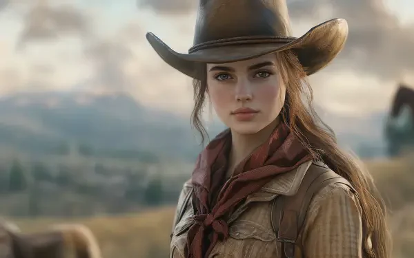 A confident cowgirl poses in a picturesque landscape, wearing a cowboy hat and scarf, showcasing her strong spirit in this stunning 4K Ultra HD desktop wallpaper.