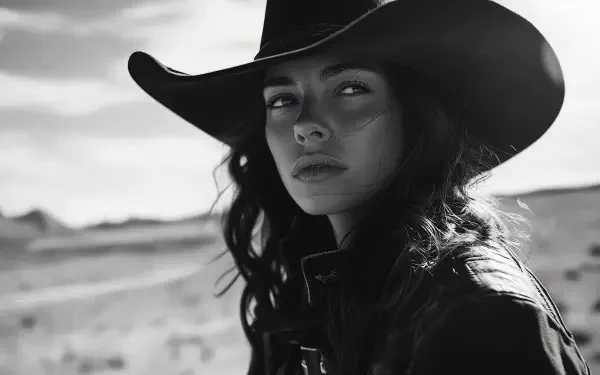 A striking black and white image of a cowgirl with a large hat, gazing thoughtfully into the distance, set against a vast landscape. This serves as a captivating 4K Ultra HD desktop wallpaper.