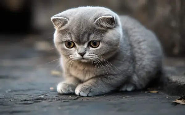 A cute Scottish Fold cat sits on a surface, featuring soft grey fur and expressive eyes, making it an adorable addition to any HD desktop wallpaper or background.