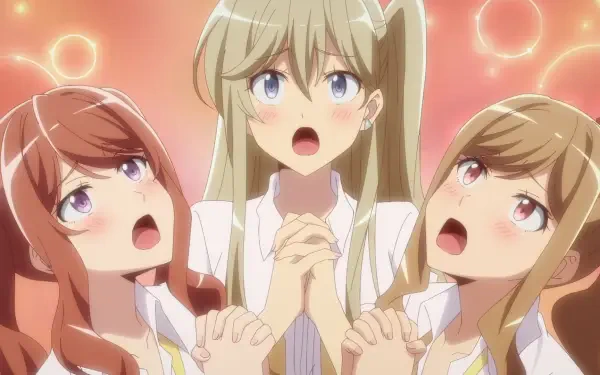 HD PC wallpaper from the anime Loner Life in Another World, featuring three surprised girls with clasped hands against a glowing pink background.