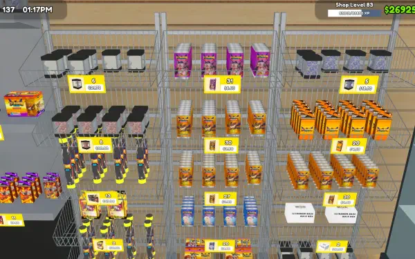 A vibrant HD desktop wallpaper showcasing a virtual card shop from the video game TCG Card Shop Simulator, featuring organized shelves filled with various products.