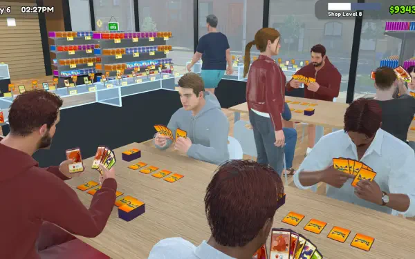 A vibrant scene from TCG Card Shop Simulator, showcasing players engaged in a trading card game at tables, with colorful card displays and an immersive store atmosphere.