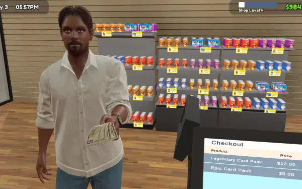 A scene from TCG Card Shop Simulator features a player at the checkout, holding cash, surrounded by colorful card displays in a video game TCG shop setting.