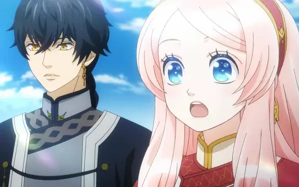 An enchanting HD wallpaper featuring characters from Nina the Starry Bride, showcasing a dramatic moment with a surprised girl and a stoic boy against a vibrant sky.