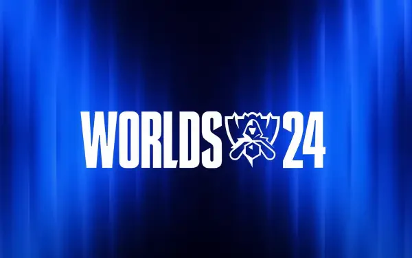 An HD desktop wallpaper featuring the League of Legends logo with WORLDS 24 prominently displayed against a vibrant blue background, celebrating esports culture.