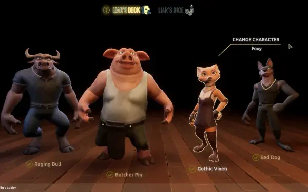 A colorful HD PC desktop wallpaper featuring characters from the video game Liars Bar, including a bull, pig, and a gothic woman, set against a wooden stage backdrop.