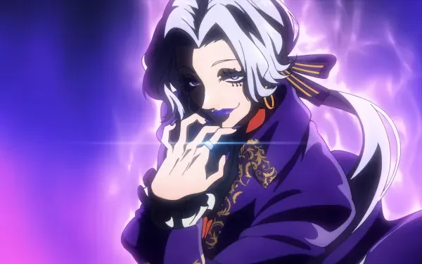 A captivating character from the anime The Most Notorious Talker Runs the World's Greatest Clan, set against a vibrant purple backdrop in stunning 4K Ultra HD resolution.