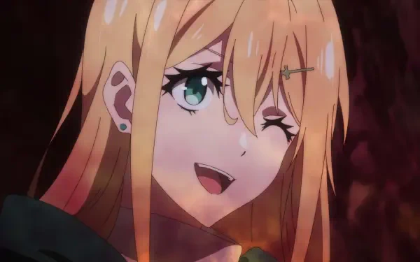 A vibrant HD wallpaper from The Most Notorious Talker Runs the World's Greatest Clan, featuring a character with long blonde hair and striking green eyes, smiling playfully.