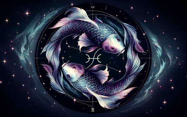 Colorful illustration of two fish, symbolizing Pisces in astrology, set against a cosmic background. This 4K Ultra HD wallpaper showcases vibrant details and celestial elements.