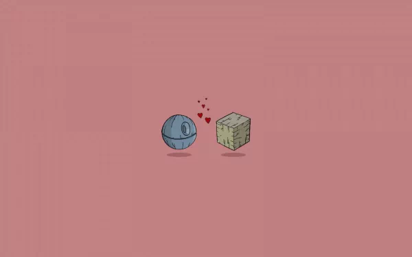 A whimsical HD desktop wallpaper featuring a Borg sphere from Star Trek and the Death Star from Star Wars, playfully exchanging hearts against a pink background.