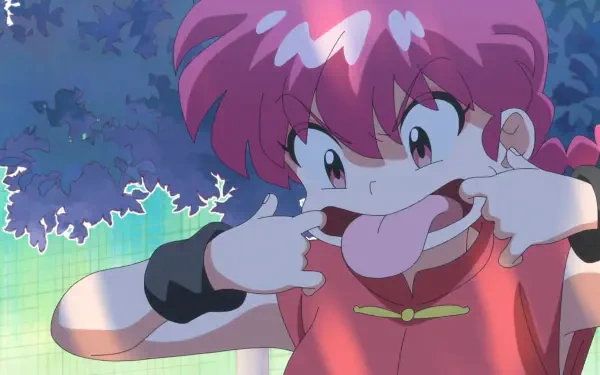 HD anime desktop wallpaper featuring Ranma Saotome from Ranma ½ making a playful face with a vibrant background and colorful foliage.