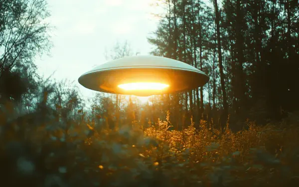 A captivating 4K Ultra HD wallpaper depicting an alien encounter, featuring a glowing UFO hovering above a grassy field, surrounded by tall trees.