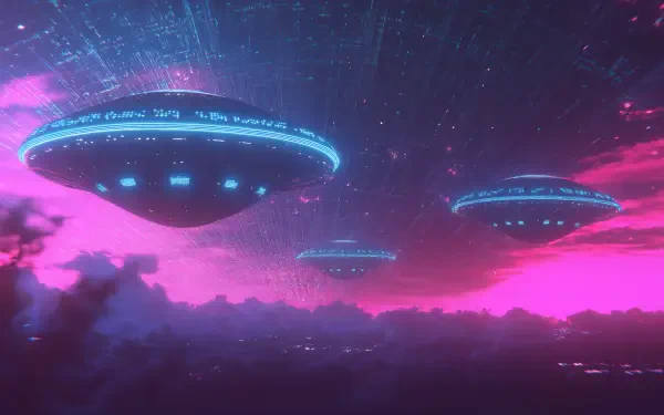 Neon-lit UFO invasion depicted in vibrant digital art, showcasing hovering flying saucers over a dark cityscape in 4K Ultra HD sci-fi desktop wallpaper.