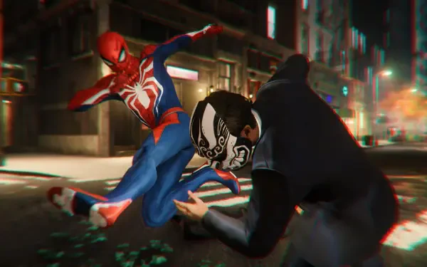 4K Ultra HD PC desktop wallpaper featuring Spider-Man in action, striking a dynamic pose while confronting an opponent on a city street at night.