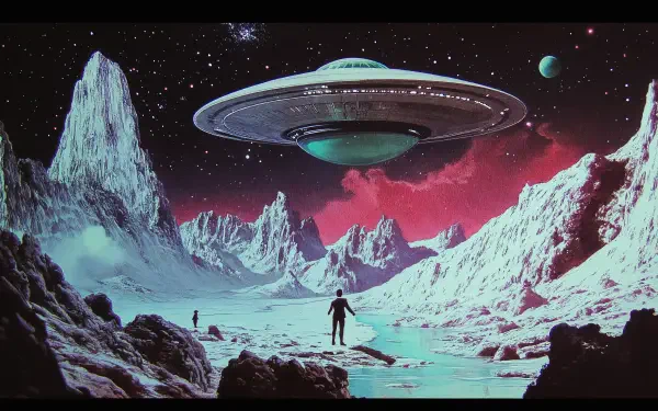 A stunning 4K Ultra HD sci-fi scene depicting an alien encounter, featuring a lone figure on a lunar landscape with a hovering UFO against a vibrant cosmic backdrop.