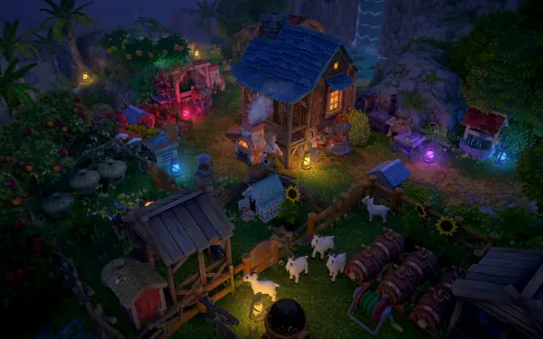 A vibrant scene from the video game Luma Island, featuring a cozy homestead surrounded by colorful lights, lush greenery, and farm animals, creating a magical nighttime atmosphere.