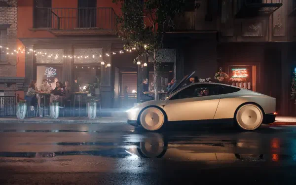 A sleek Tesla robotaxi glides through a vibrant, rain-soaked urban street, illuminated by warm lights from nearby cafes and storefronts, creating a captivating 4K Ultra HD scene.