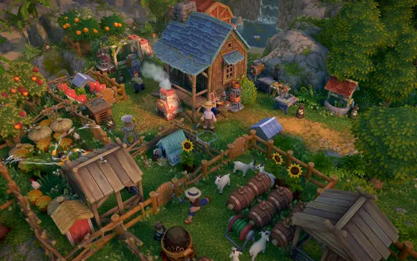 A vibrant scene from Luma Island, featuring a charming homestead surrounded by lush gardens, farm animals, and colorful structures, captured in an HD PC desktop wallpaper.