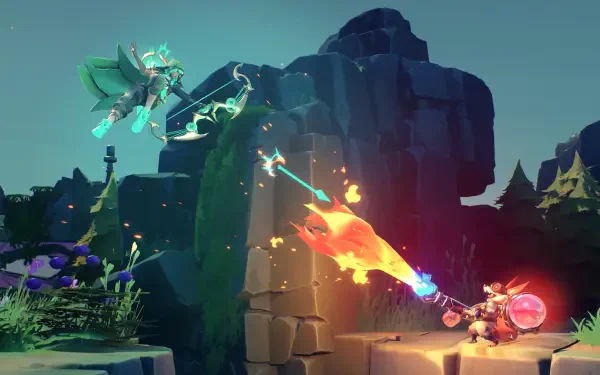 A vibrant 4K Ultra HD wallpaper from the video game Supervive, showcasing characters in an action-packed scene amidst rocky terrain and colorful effects.