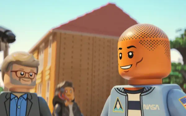 A vibrant HD desktop wallpaper from the movie Piece by Piece, featuring animated characters, including a smiling astronaut and an older man, set against a cheerful backdrop.