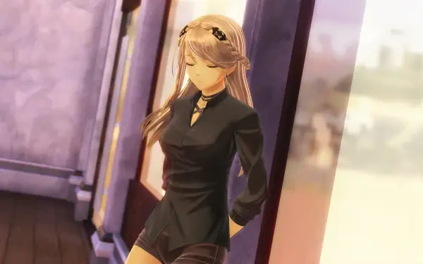 A character from the video game The Legend of Heroes: Trails through Daybreak II stands thoughtfully by a window, set against a softly lit interior, displayed as an HD PC desktop wallpaper.