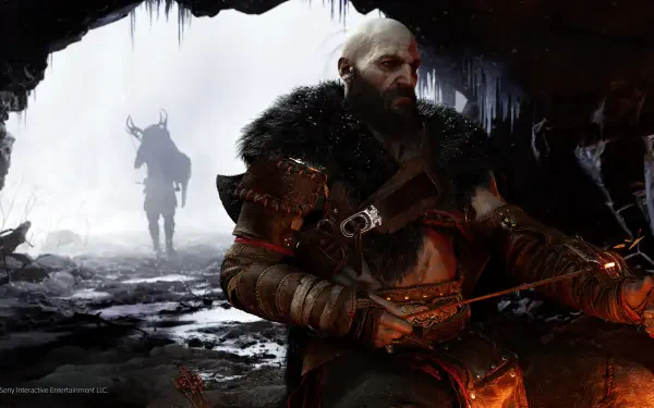 Kratos from God of War: Ragnarök sits in a dimly lit cave, wrapped in furs, with a silhouette of a figure in the background, creating a dramatic and immersive 4K Ultra HD scene.
