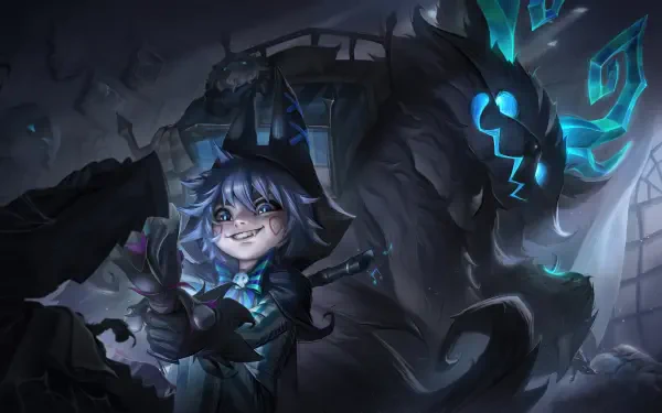 Nunu from League of Legends stands confidently alongside a shadowy creature, set against a dark backdrop. This captivating 8K Ultra HD wallpaper enhances any desktop setup.