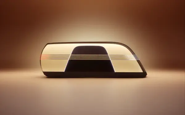 A sleek Tesla robovan design showcased in an 8K Ultra HD wallpaper, featuring smooth lines and a modern aesthetic against a soft, glowing background.