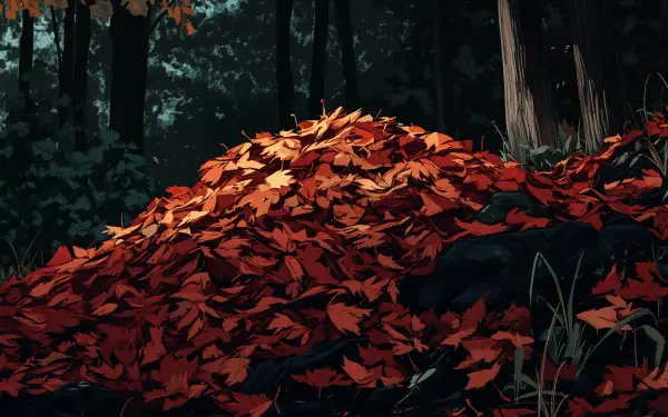 A vibrant pile of autumn leaves in rich shades of red and orange, surrounded by a serene forest backdrop, creating a stunning 4K Ultra HD wallpaper.