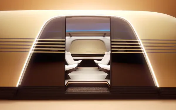 A sleek, futuristic interior of a Tesla robovan, showcasing spacious seating and modern lighting. Captured in stunning 8K Ultra HD, this wallpaper highlights innovative design elements.