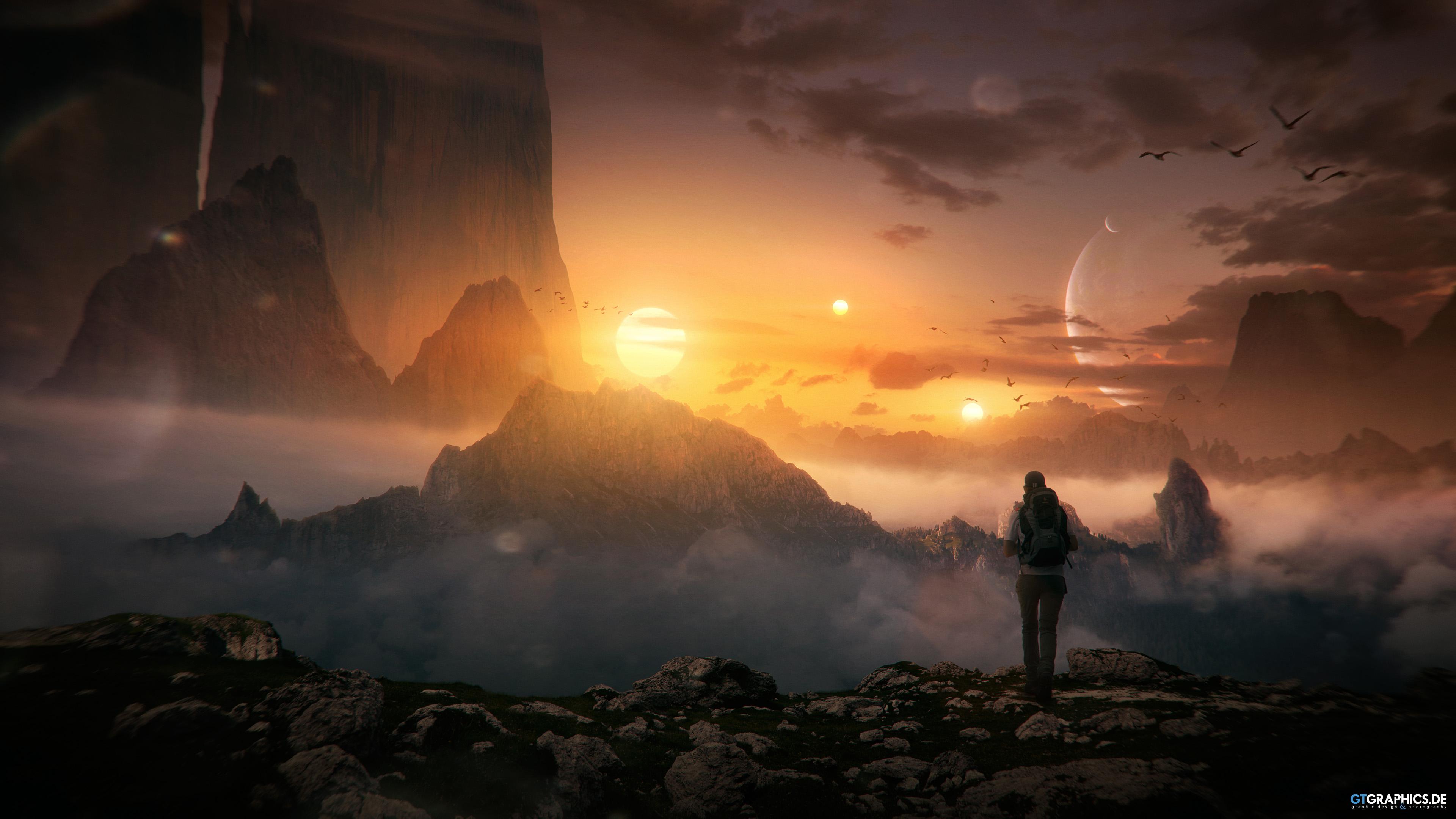 Download Sci Fi Landscape Mountain Sun Person 4k Ultra HD Wallpaper by ...