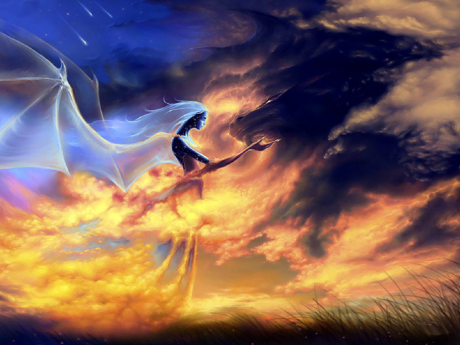 Fantasy dragon flying under a vibrant sky - Sky Mistress.