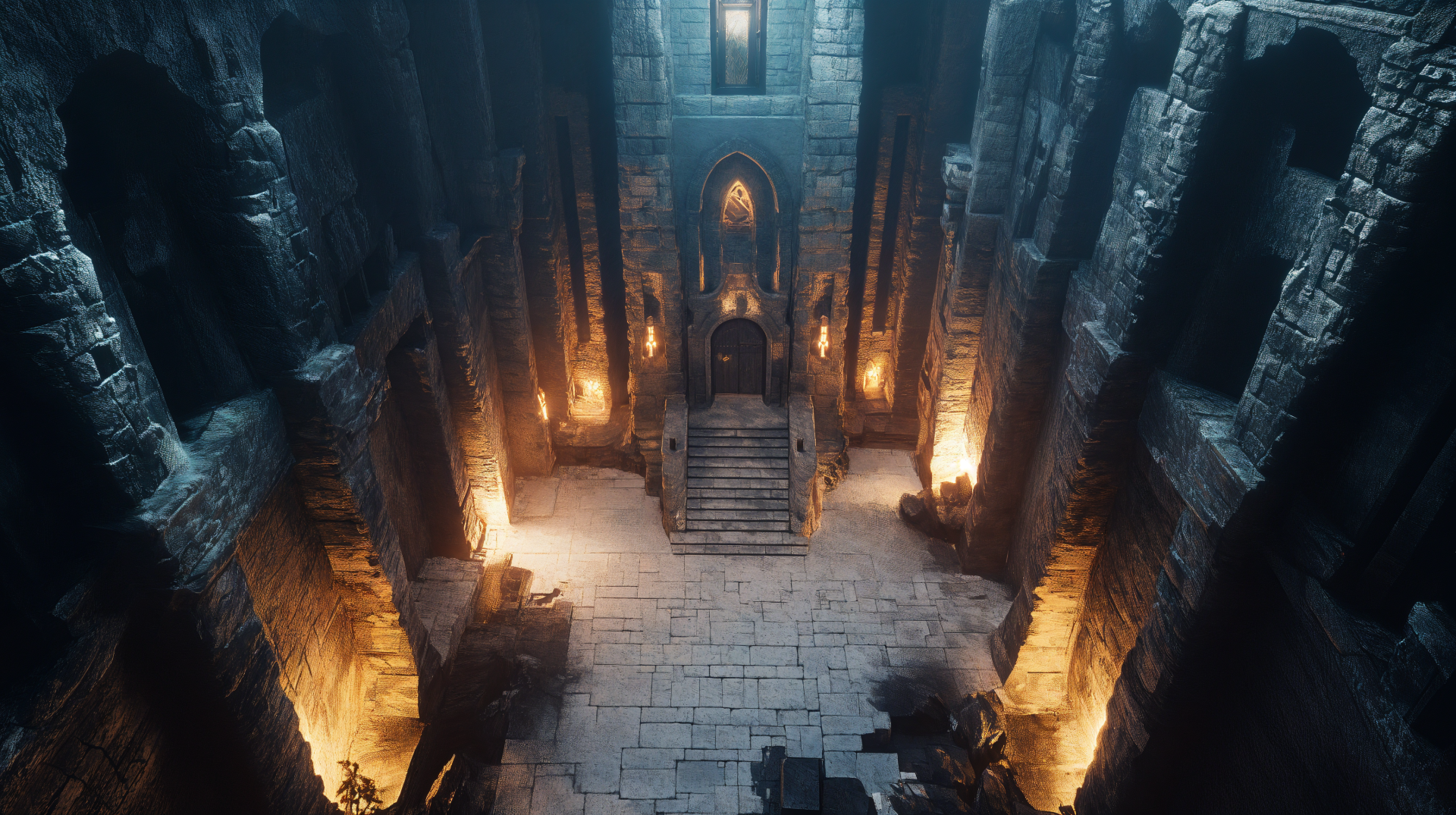 A dimly lit dwarven stronghold dungeon with stone ruins and glowing torches, captured in stunning 4K Ultra HD for a fantasy castle atmosphere.