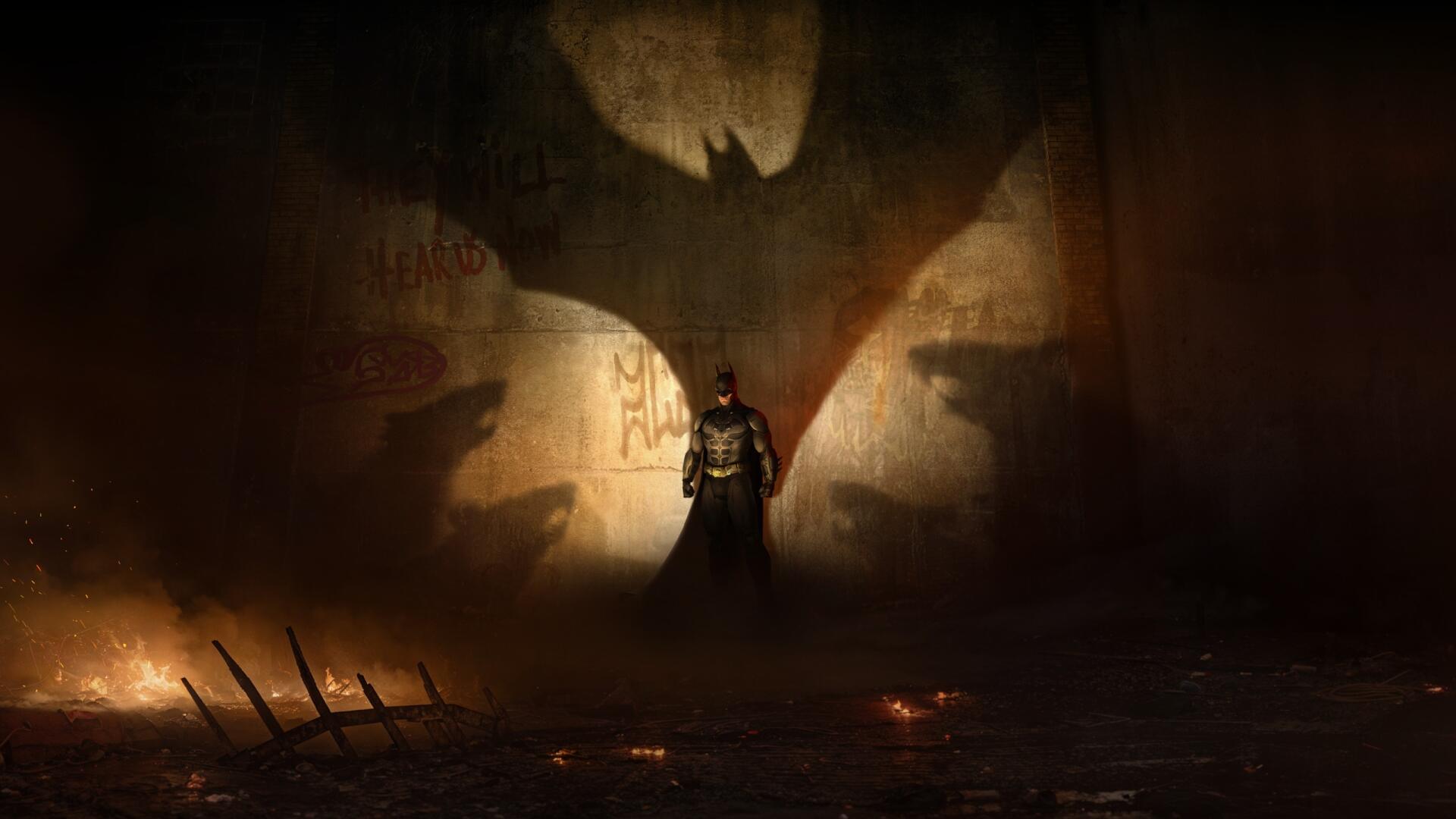 A dramatic scene from Batman: Arkham Shadow, featuring Batman in a dark environment with his iconic shadow cast on the wall, creating an intense atmosphere. HD PC desktop wallpaper.
