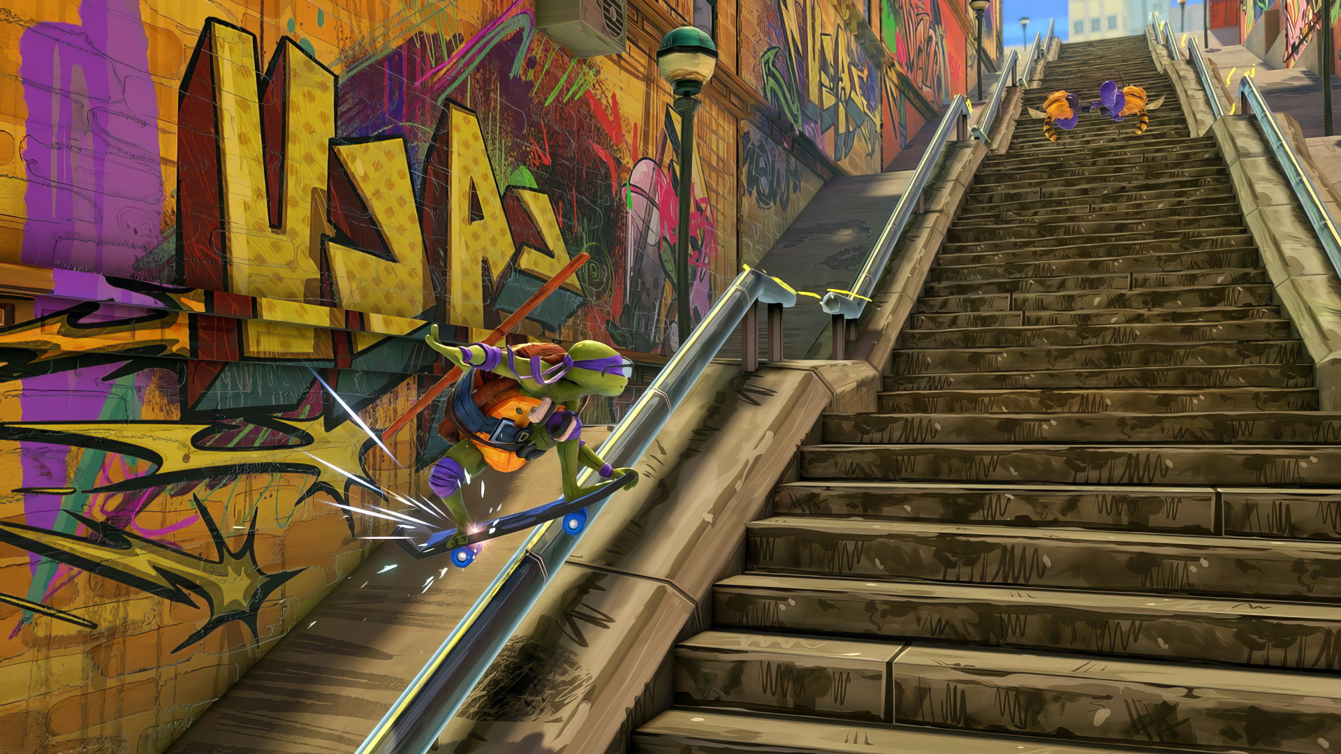 A vibrant HD wallpaper from **Teenage Mutant Ninja Turtles: Mutants Unleashed**, featuring a turtle skating down a colorful graffiti-covered staircase, showcasing action and urban art.