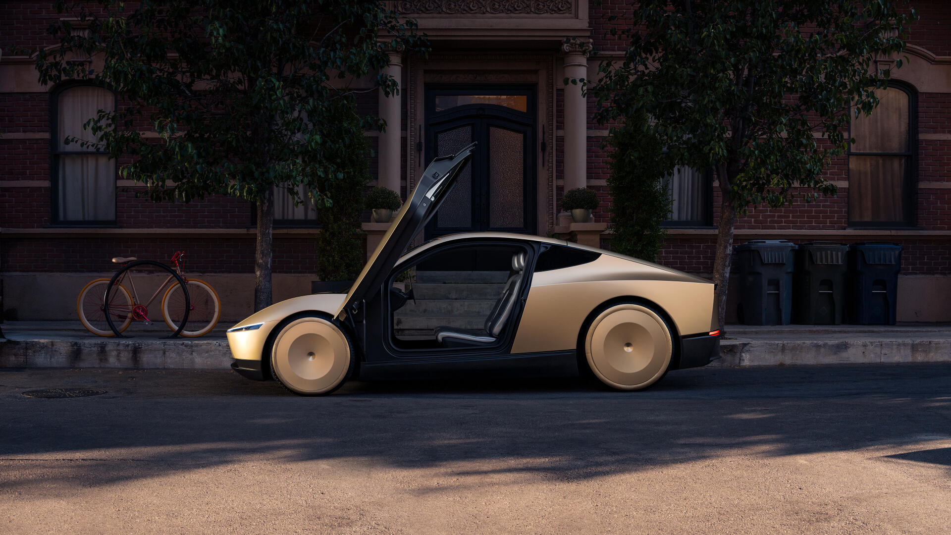 A sleek Tesla robotaxi, known as the Cybercab, stands parked with its door open, set against an urban backdrop. This 4K Ultra HD image captures modern automotive design.