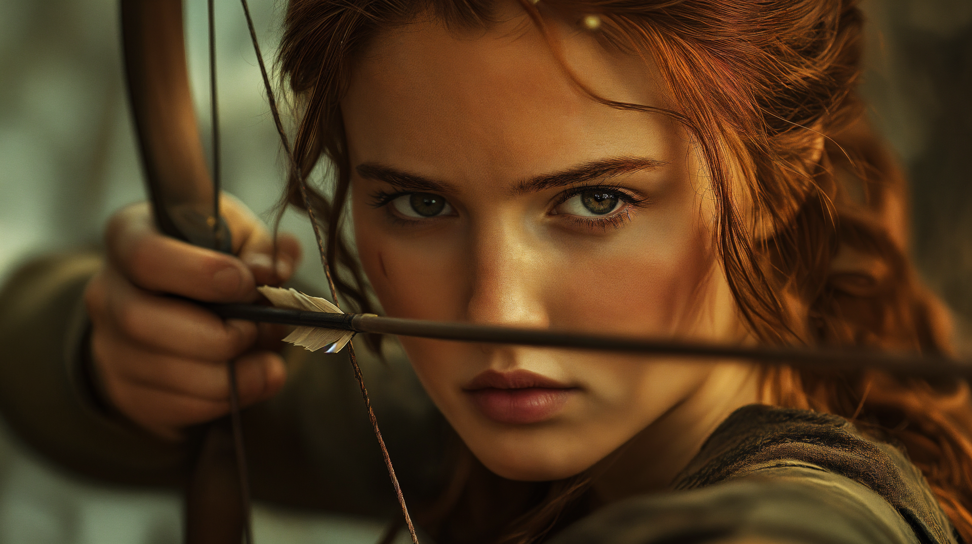 A determined woman archer focuses intently, drawing her bowstring in a striking 4K Ultra HD image, capturing her fierce expression and adventurous spirit.