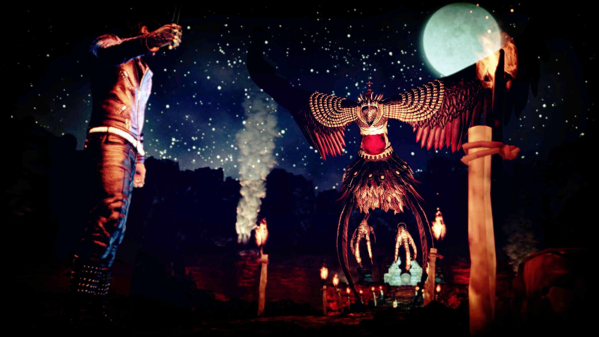 A gripping scene from Shadow Of The Damned: Hella Remastered, featuring a mysterious character against a starry backdrop, illuminated by a large moon and eerie statues.
