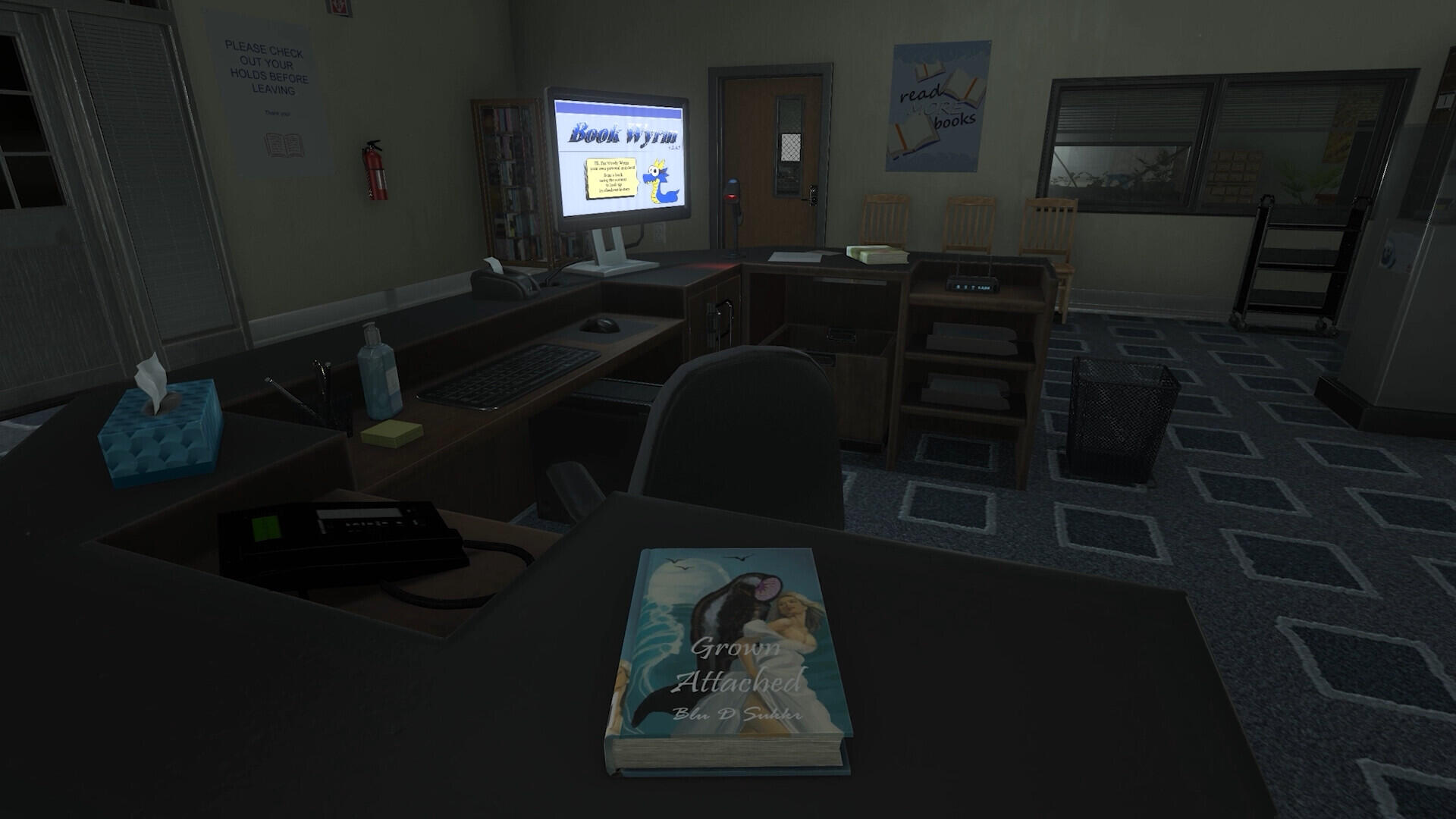 A desktop wallpaper featuring a dimly lit room with a TV displaying Amanda the Adventurer 2, a book on the table, and various objects creating an immersive video game atmosphere.
