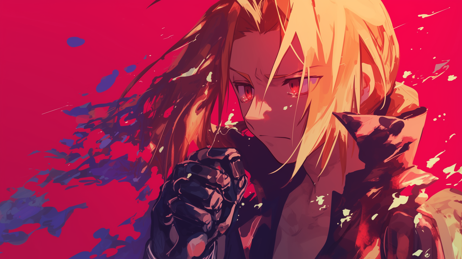 A striking HD desktop wallpaper featuring Edward Elric from Fullmetal Alchemist, set against a vibrant red background, capturing his intense expression and dynamic hairstyle.