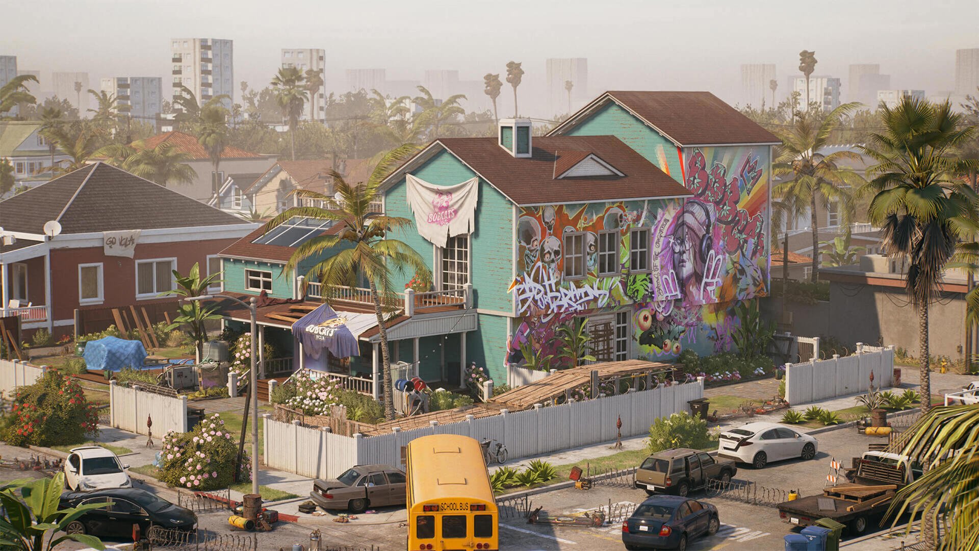 A vibrant HD wallpaper from Dead Island 2 featuring a colorful, graffiti-covered house surrounded by palm trees, illustrating a lively urban scene.
