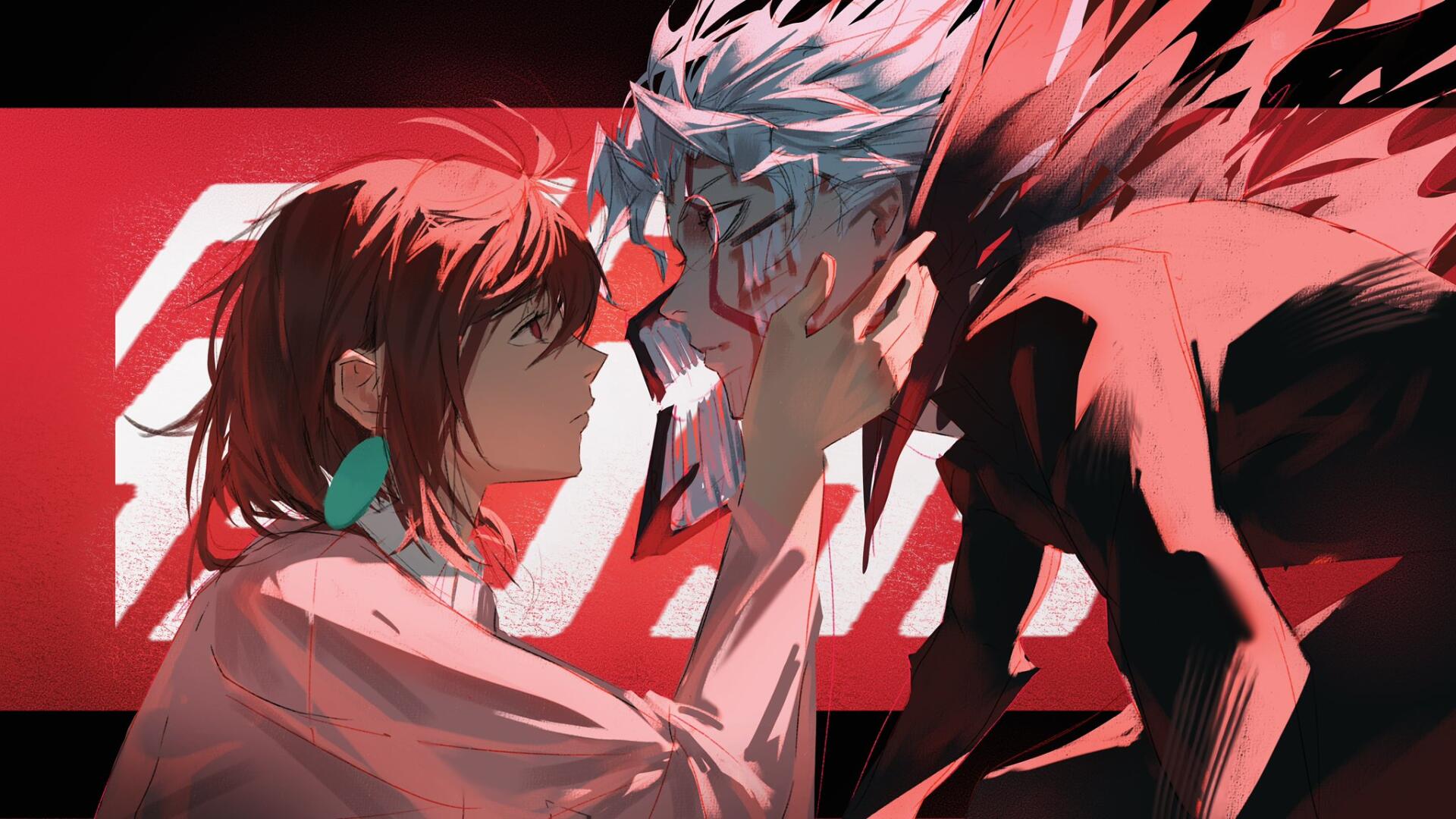 HD anime desktop wallpaper featuring Dandadan characters Ken Takakura and Momo Ayase in a dramatic close-up scene with vivid red and dark tones.