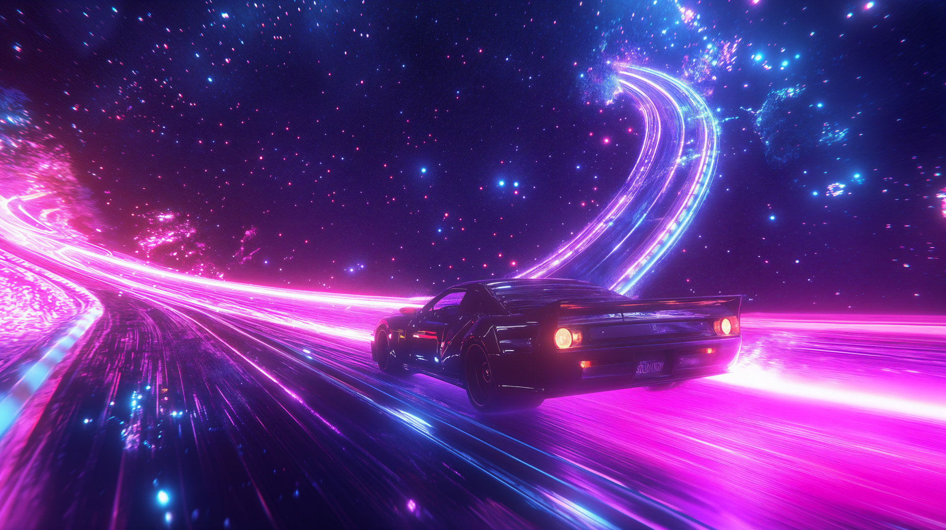 A sleek racing vehicle speeds through a vibrant, neon-lit landscape filled with swirling lights and cosmic elements, featured as a stunning 4K Ultra HD PC wallpaper.