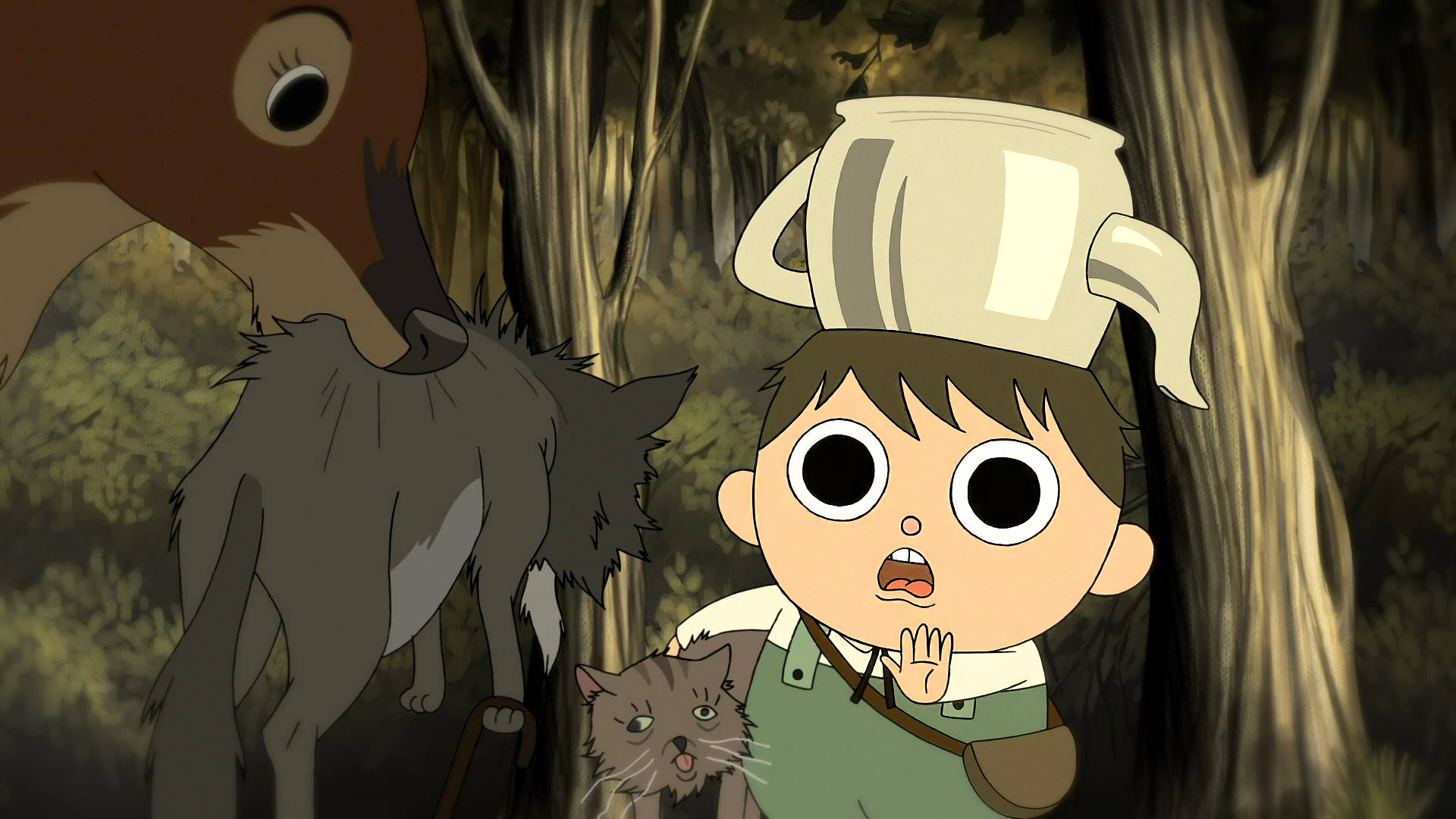 A scene from the TV show Over the Garden Wall, featuring a child with a pot on his head, surrounded by a deer and a cat in a dark forest setting. HD wallpaper background.