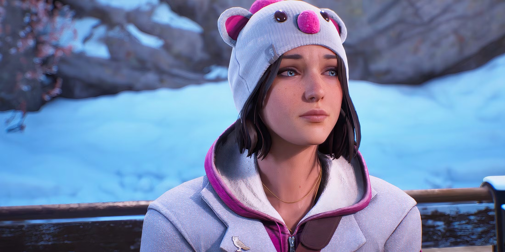 A HD PC desktop wallpaper featuring a character from Life is Strange: Double Exposure, wearing a playful bear hat, set against a serene snowy backdrop.