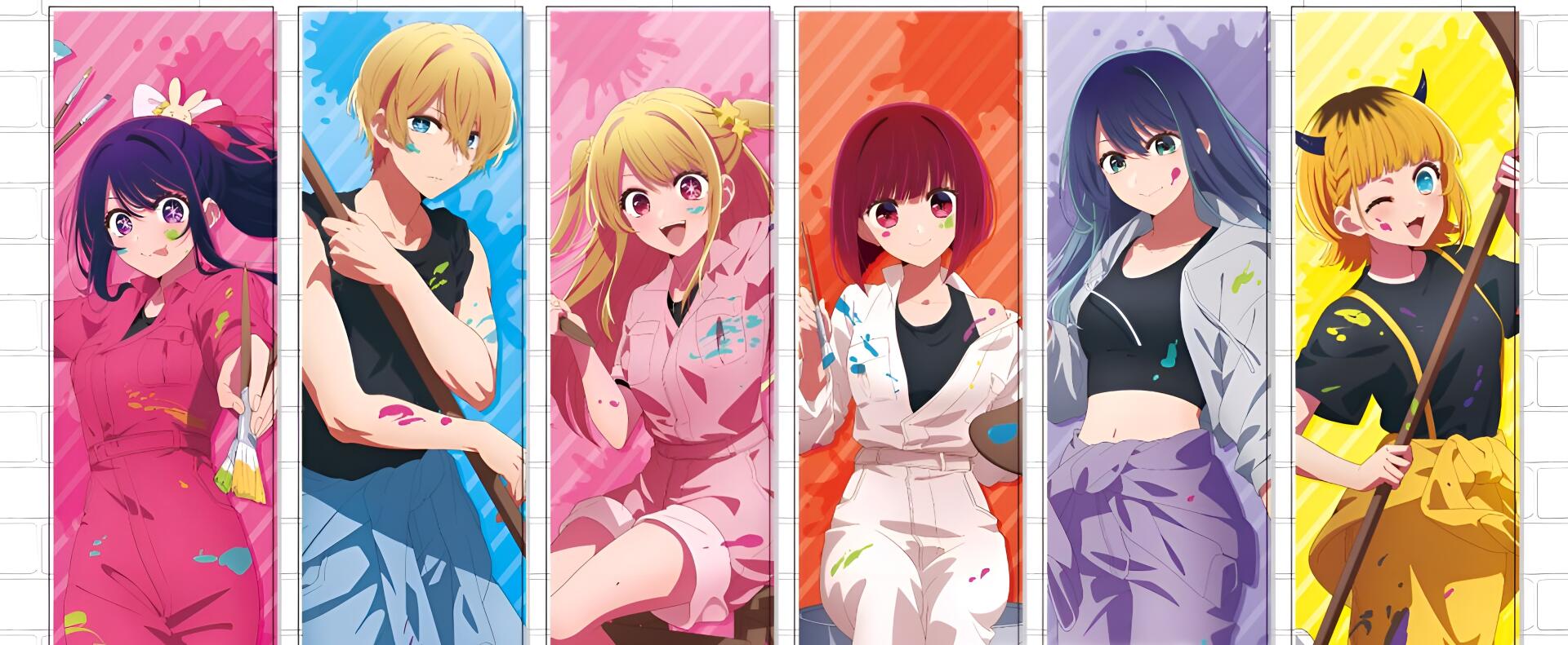 HD PC desktop wallpaper featuring vibrant anime characters from Oshi no Ko, each portrayed with distinct colors and dynamic expressions.